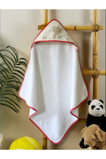 Soft Cotton Baby Bath Towel Wrap with Red Trim and Bear Design
