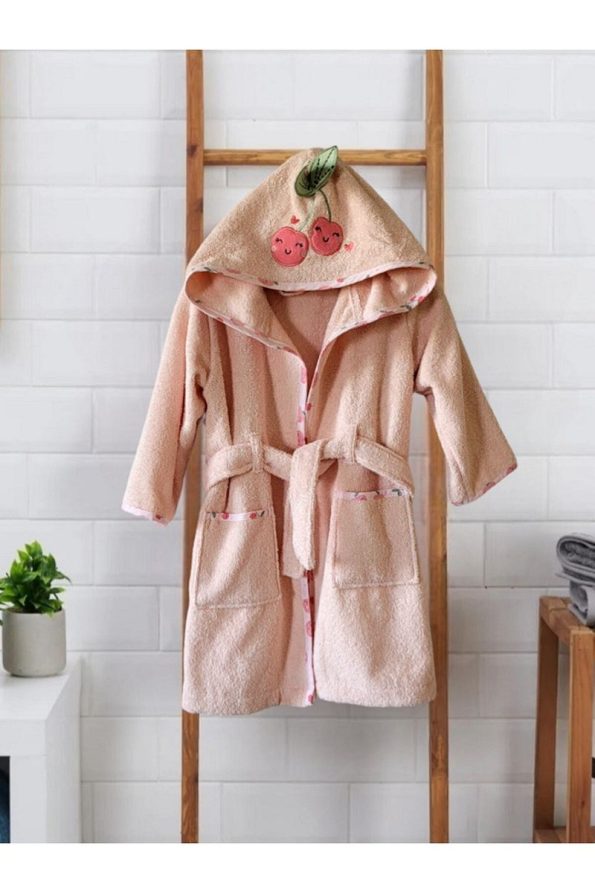 100% Cotton Soft Hooded Girls Bathrobe Pink/Cherry