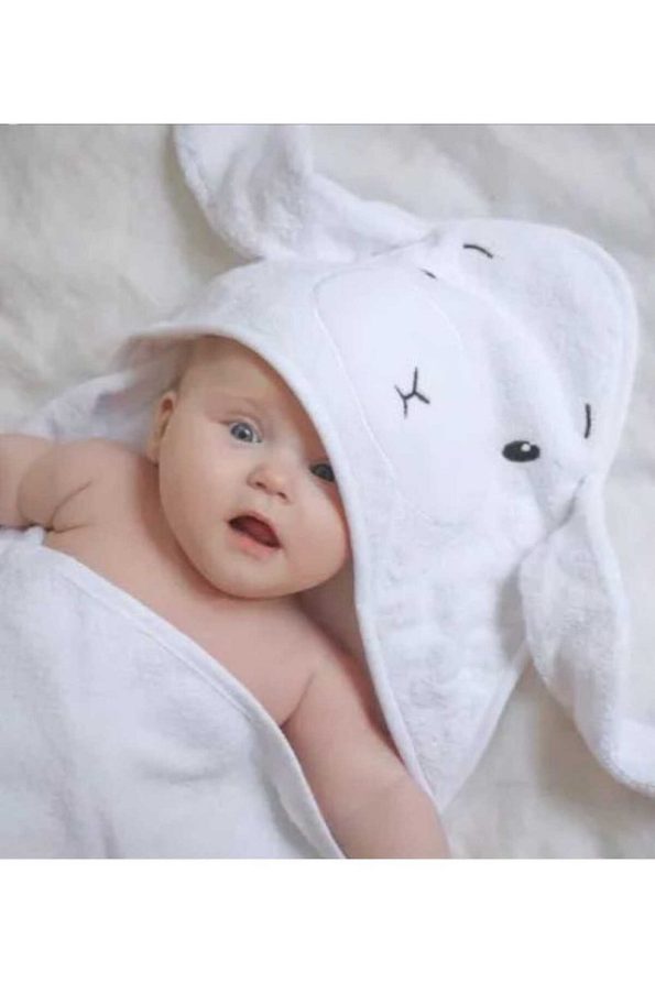 Soft Cotton Baby Bath Wrap Towel for Newborns in White with Bunny Design