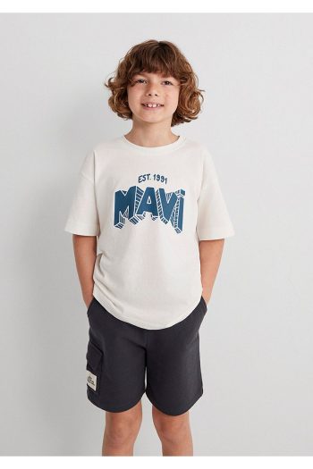 Blue Printed Ecru Oversized T-Shirt