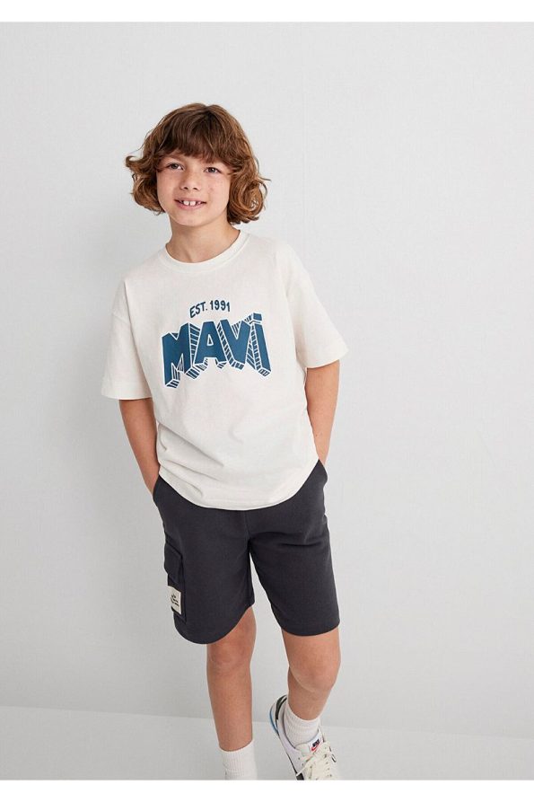 Blue Printed Ecru Oversized T-Shirt