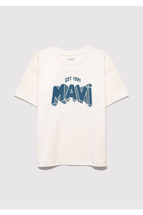 Blue Printed Ecru Oversized T-Shirt