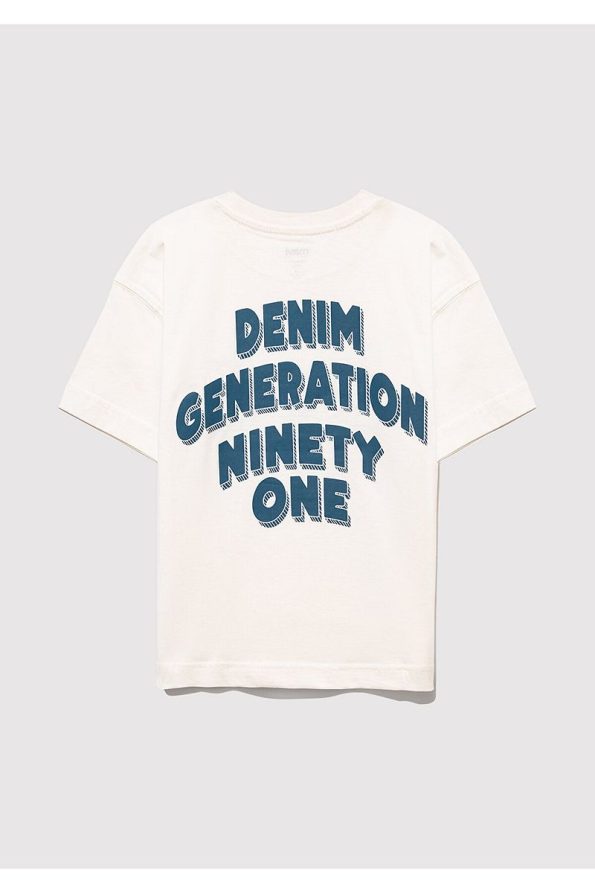 Blue Printed Ecru Oversized T-Shirt