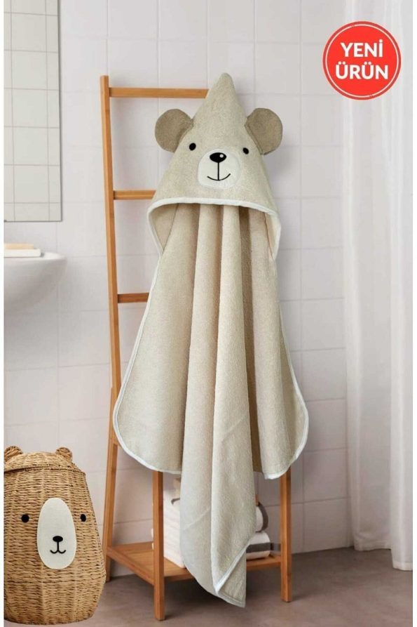 Soft Cotton Baby Bath Towel Wrap in Beige with Bear Design