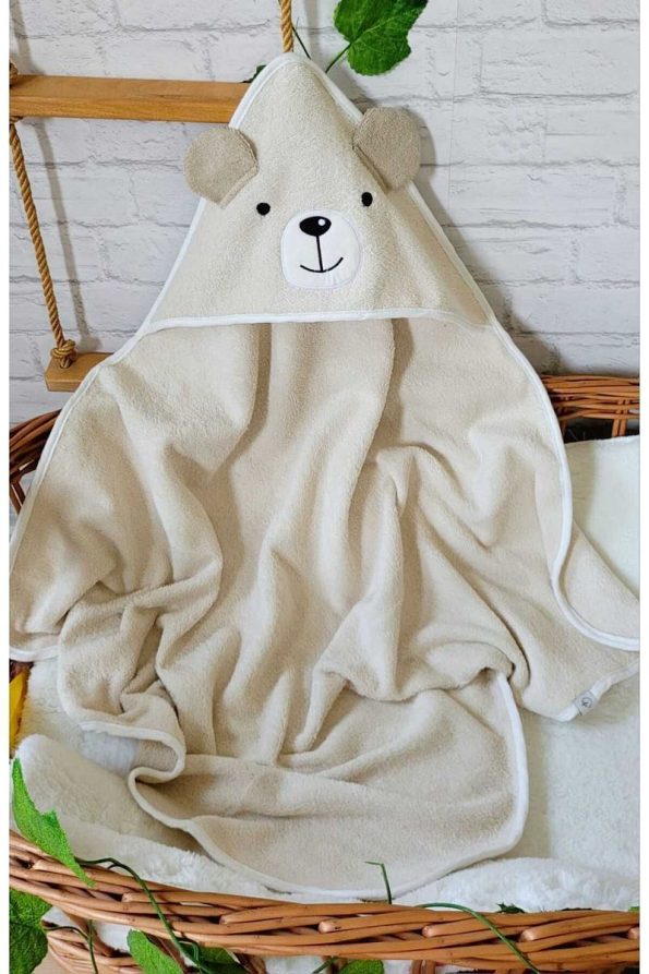Soft Cotton Baby Bath Towel Wrap in Beige with Bear Design