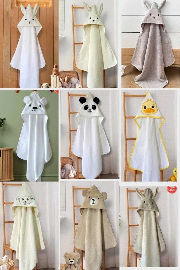Soft Cotton Baby Bath Towel Wrap in Beige with Bear Design