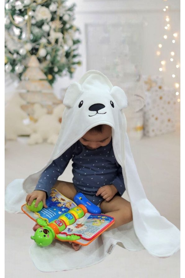 Soft Cotton Baby Bath Towel Wrap in White with Polar Bear