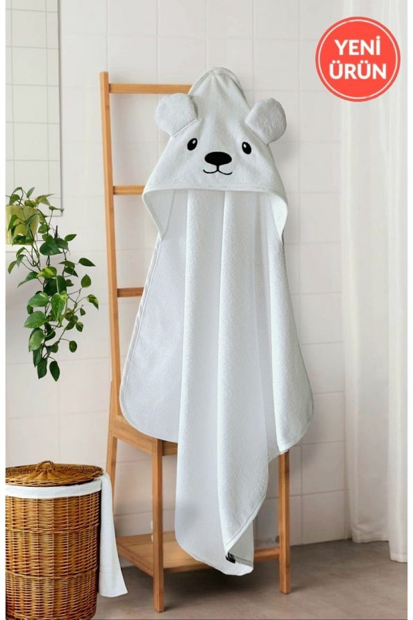 Soft Cotton Baby Bath Towel Wrap in White with Polar Bear