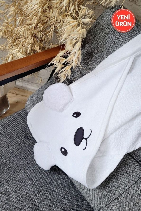 Soft Cotton Baby Bath Towel Wrap in White with Polar Bear
