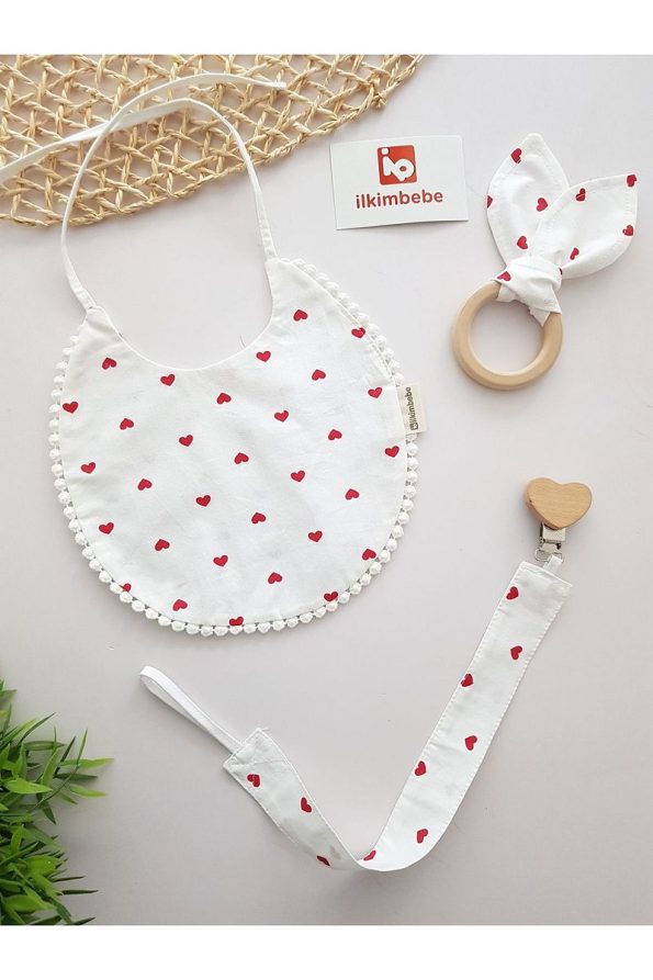ilkimbebe Baby Bib, Pacifier Chain, and Wooden Teether Set