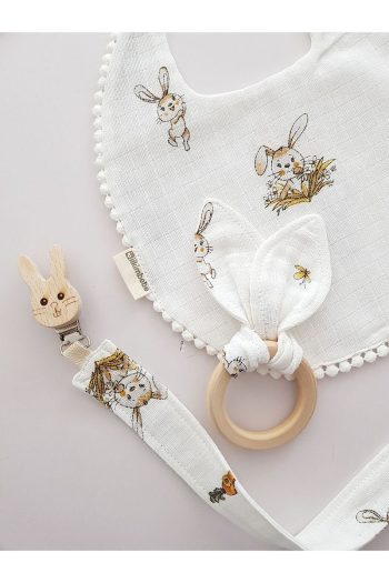 ilkimbebe Baby Bib, Pacifier Chain and Wooden Teether Set