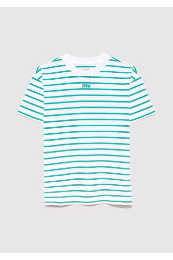 Striped Green Loose Fit T-Shirt with Mavi MV Print