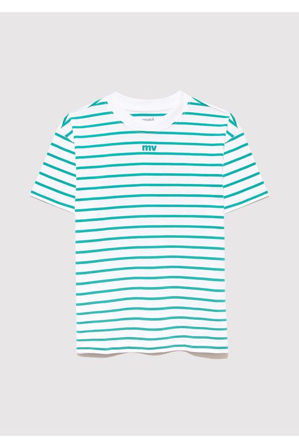 Striped Green Loose Fit T-Shirt with Mavi MV Print