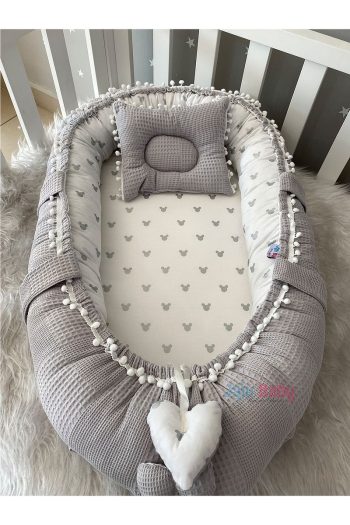 Jaju Baby Grey Waffle Fabric Mickey Design Nest with Pom Poms