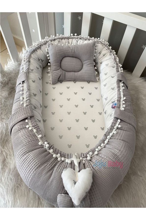 Jaju Baby Grey Waffle Fabric Mickey Design Nest with Pom Poms