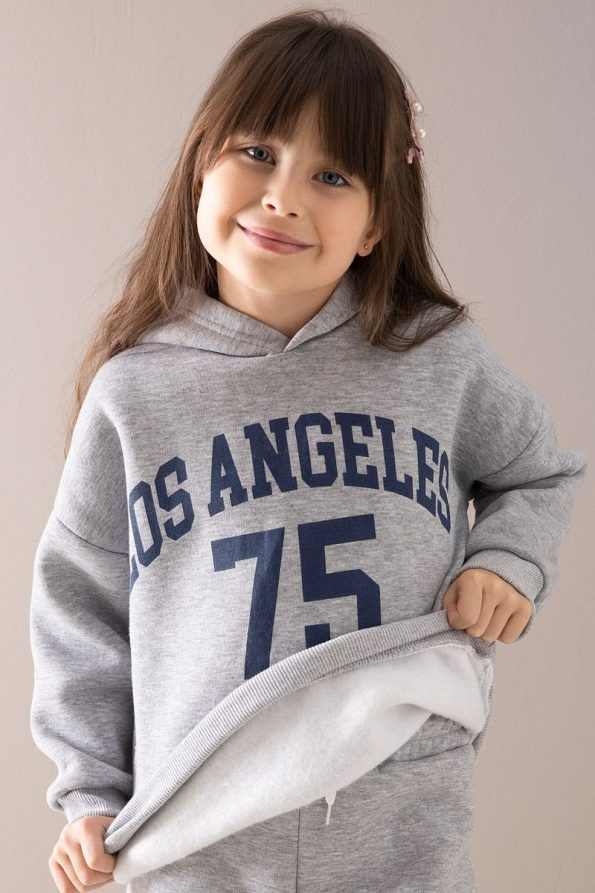 Cansın Mini Gray California Print Hooded Sweatshirt Set for Girls