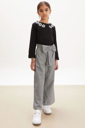 Cansın Mini Black Blouse with Lace Detail and Bow Pants Set