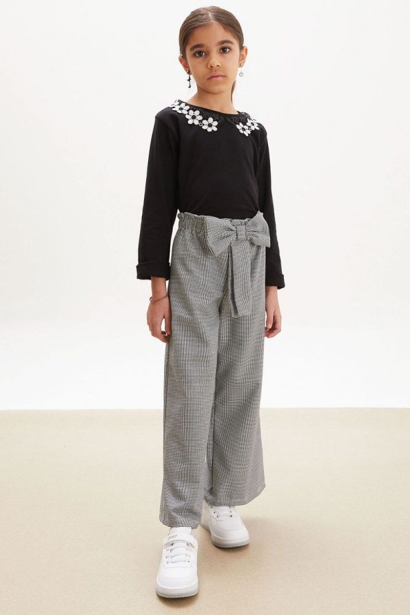 Cansın Mini Black Blouse with Lace Detail and Bow Pants Set