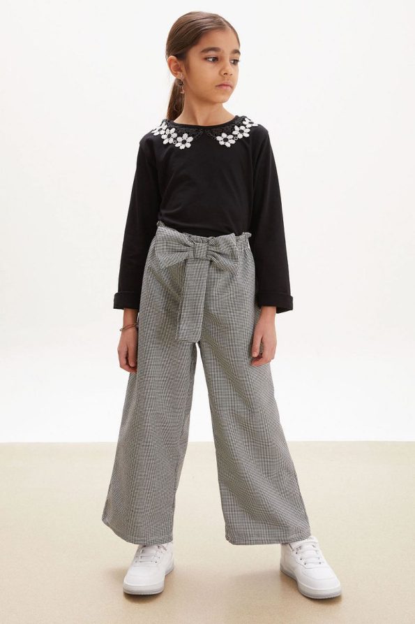 Cansın Mini Black Blouse with Lace Detail and Bow Pants Set