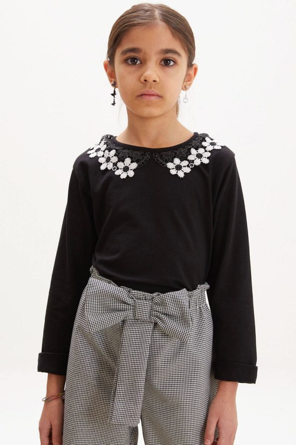 Cansın Mini Black Blouse with Lace Detail and Bow Pants Set