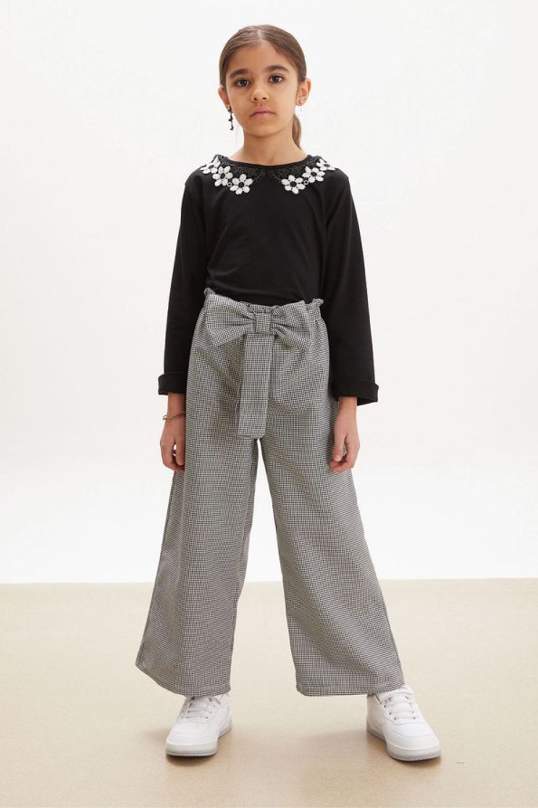 Cansın Mini Black Blouse with Lace Detail and Bow Pants Set
