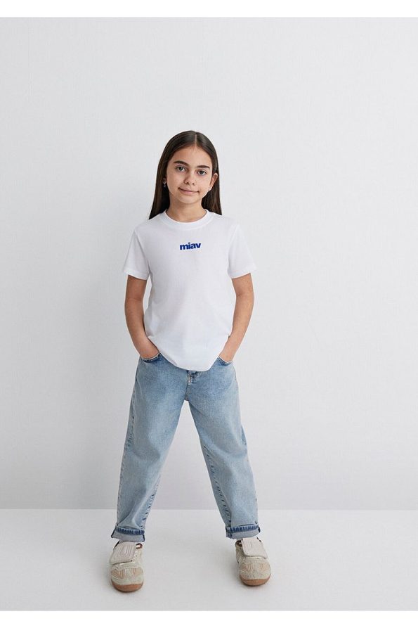 Blue Cat Print White Children's T-Shirt Regular Fit