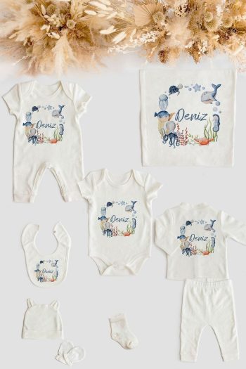 Lilabio 100% Organic Personalized 10-Piece Hospital Outfit Sea Creatures