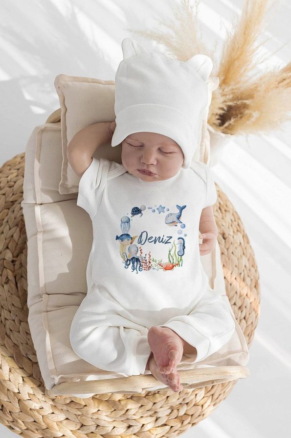 Lilabio 100% Organic Personalized 10-Piece Hospital Outfit Sea Creatures