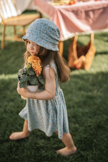 Cherry Kids Blue Tulip Pattern Dress with Collar Detail