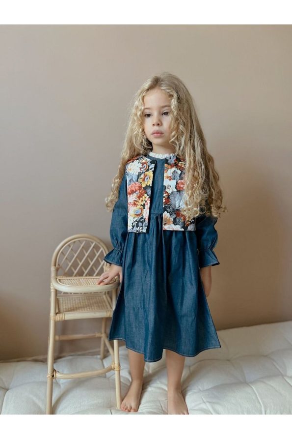 le petit sole Girls' Denim Dress and Patterned Jacket Set