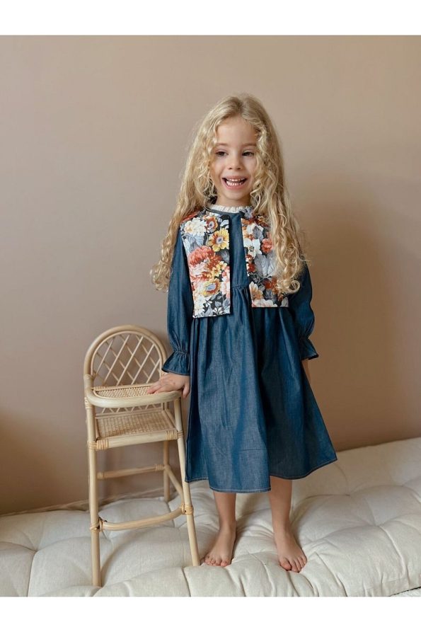le petit sole Girls' Denim Dress and Patterned Jacket Set