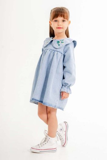 Cansın Mini Blue Floral Embroidered Long Sleeve Girls' Denim Dress