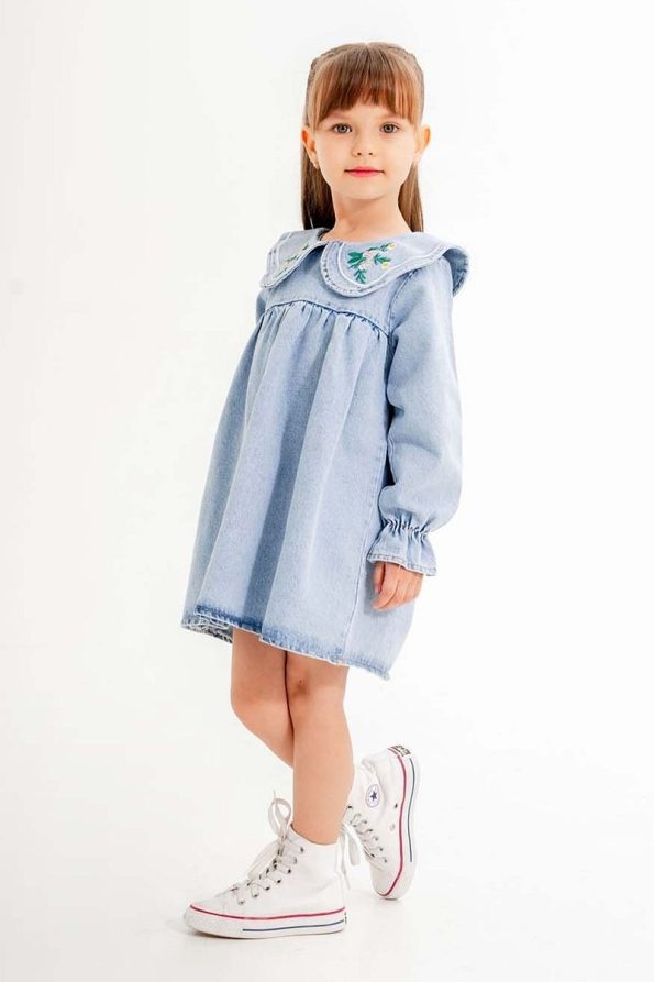 Cansın Mini Blue Floral Embroidered Long Sleeve Girls' Denim Dress