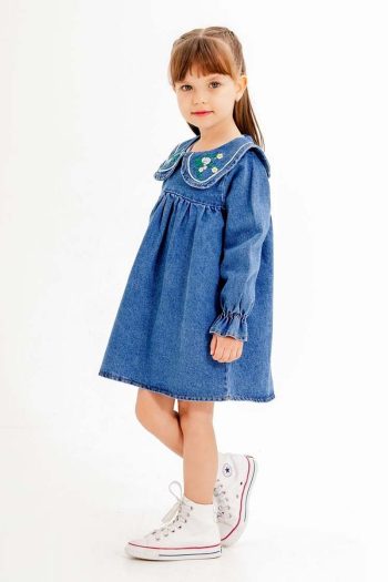 Cansın Mini Navy Blue Flower Embroidered Long Sleeve Denim Dress for Girls