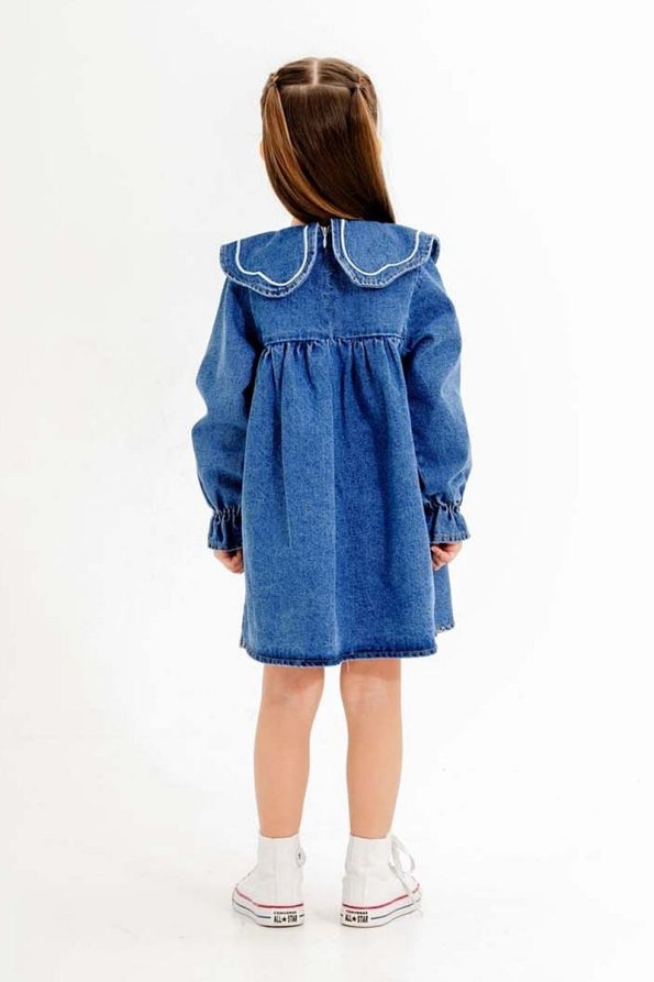 Cansın Mini Navy Blue Flower Embroidered Long Sleeve Denim Dress for Girls