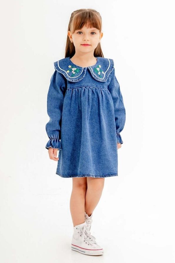 Cansın Mini Navy Blue Flower Embroidered Long Sleeve Denim Dress for Girls