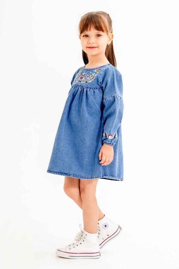 Cansın Mini Navy Blue Floral Embroidered Sleeve Girls' Denim Dress