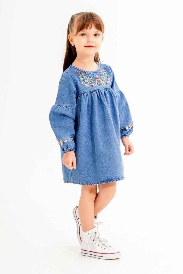 Cansın Mini Navy Blue Floral Embroidered Sleeve Girls' Denim Dress