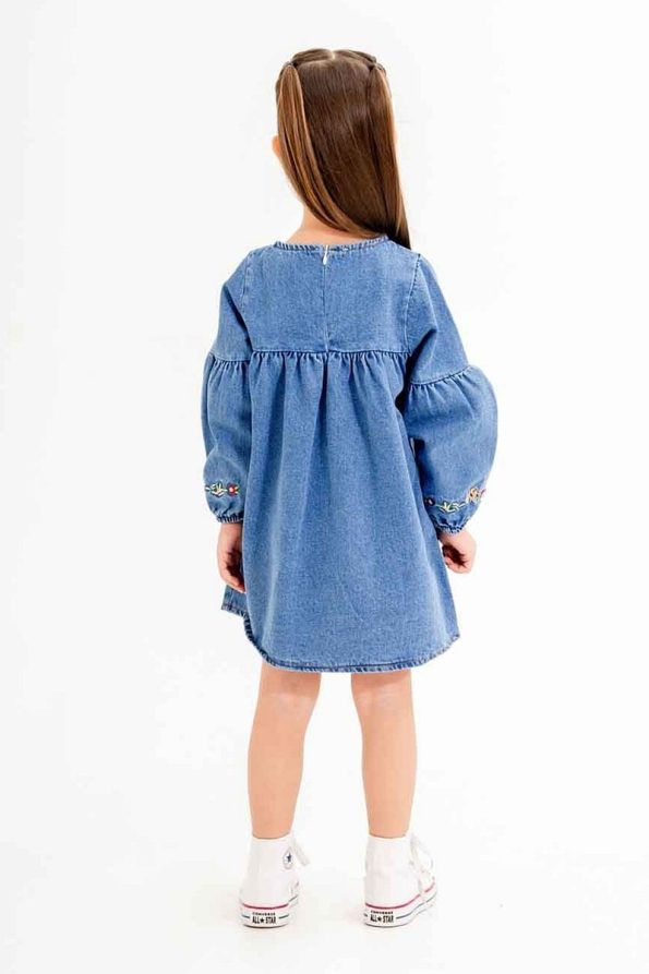 Cansın Mini Navy Blue Floral Embroidered Sleeve Girls' Denim Dress
