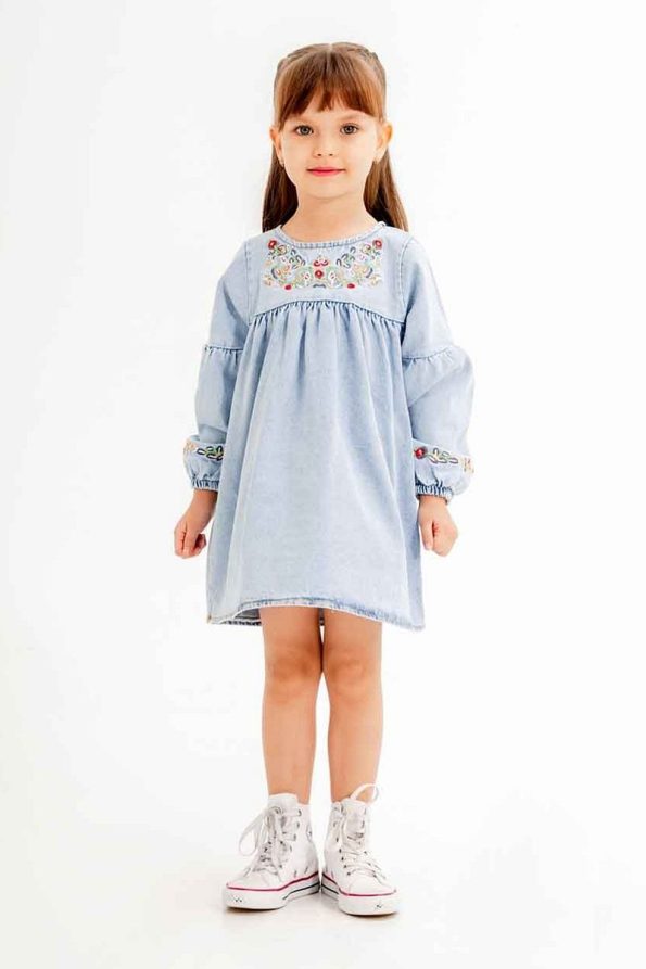 Cansın Mini Blue Floral Embroidered Sleeve Girl's Jean Dress