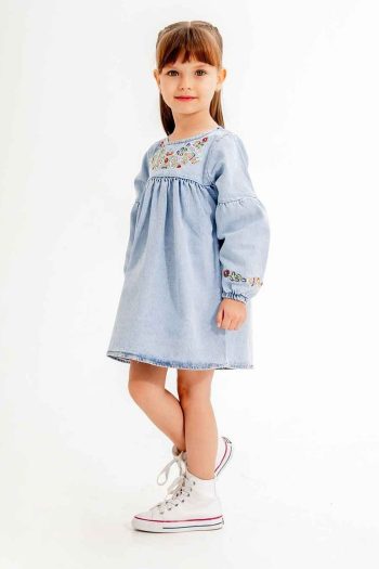 Cansın Mini Blue Floral Embroidered Sleeve Girl's Jean Dress