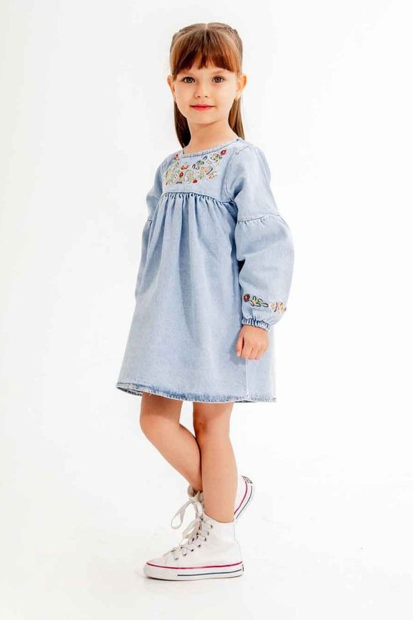 Cansın Mini Blue Floral Embroidered Sleeve Girl's Jean Dress