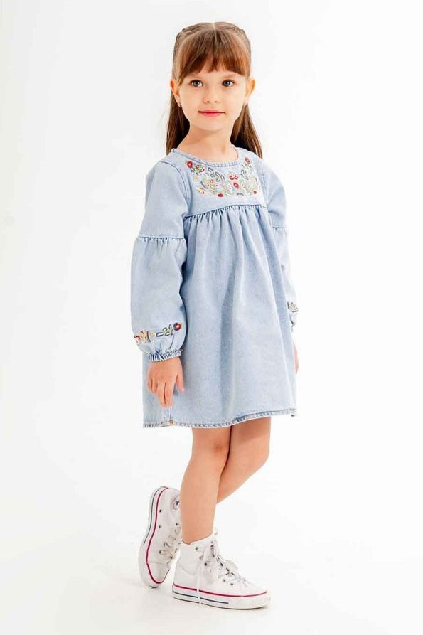 Cansın Mini Blue Floral Embroidered Sleeve Girl's Jean Dress