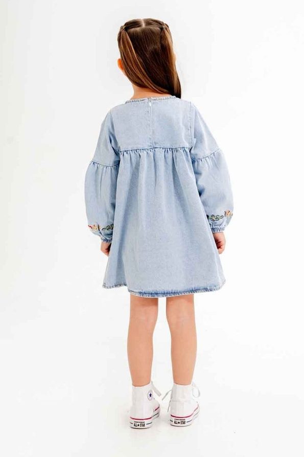 Cansın Mini Blue Floral Embroidered Sleeve Girl's Jean Dress