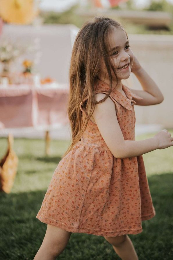 Cherry Kids Collar Detail Towel Fabric Tulip Pattern Salmon Dress