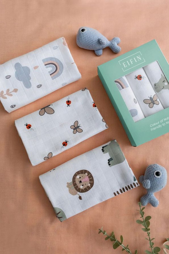 EIFIN Multi-Purpose Muslin Cloth & Blanket Set - 3 Pieces, 100% Cotton, Oeko-Tex Certified