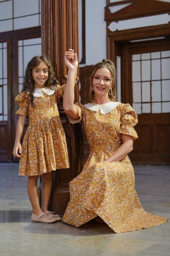 Kucugum Boutique Vintage Lace Collar Mustard Floral Balloon Sleeve Dress