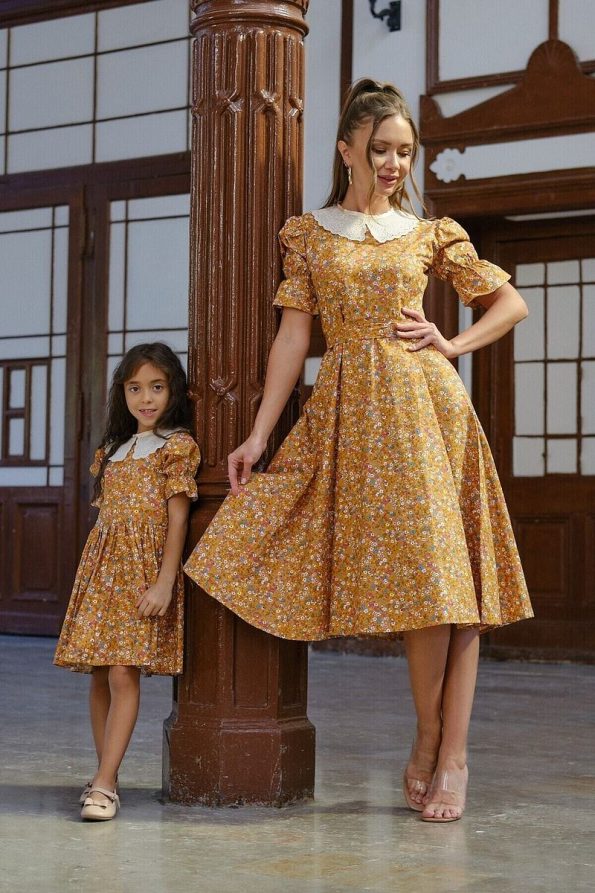 Kucugum Boutique Vintage Lace Collar Mustard Floral Balloon Sleeve Dress