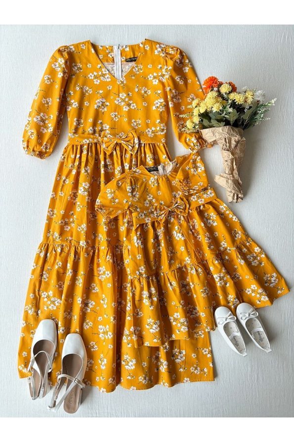 Kucugum Boutique Mustard Yellow Spring Branch Mother-Daughter Dress