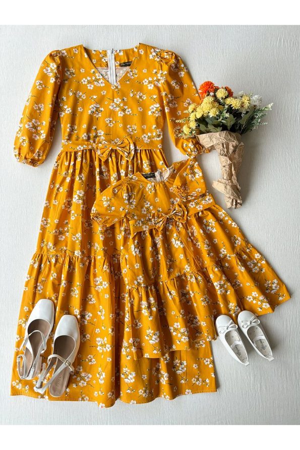 Kucugum Boutique Mustard Yellow Spring Branch Mother-Daughter Dress